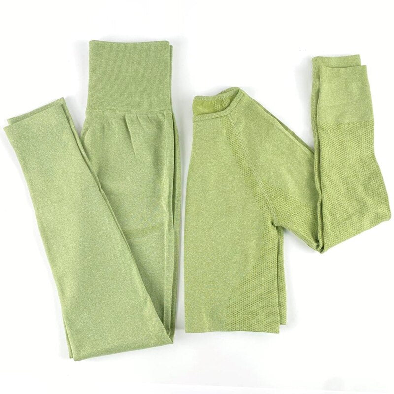 Women Seamless Yoga Set squat proof High Waist Gym Leggings + Shirts Suit Long Sleeve tops Fitness Workout Sports Sets
