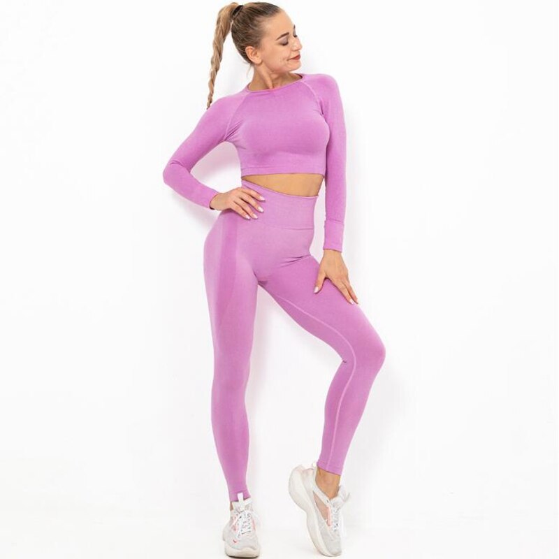 Women Seamless Yoga Set squat proof High Waist Gym Leggings + Shirts Suit Long Sleeve tops Fitness Workout Sports Sets