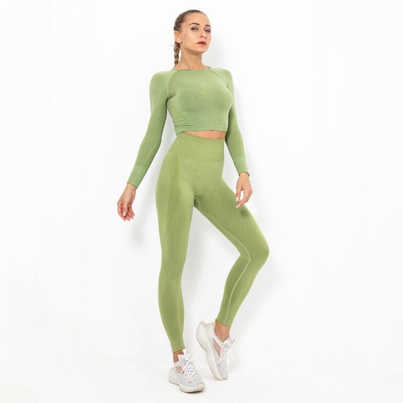 Women Seamless Yoga Set squat proof High Waist Gym Leggings + Shirts Suit Long Sleeve tops Fitness Workout Sports Sets